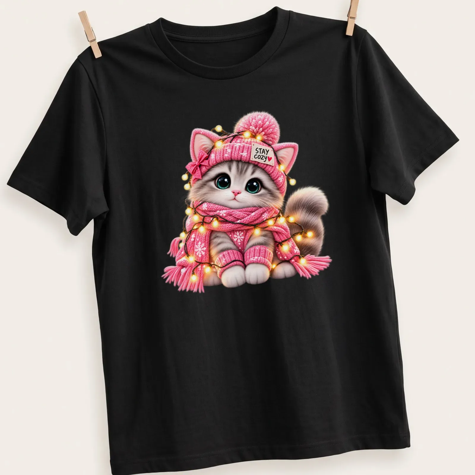 Kawaii pink winter kitten t-shirt with text Stay Cozy above the cat — printed on a unisex t-shirt
