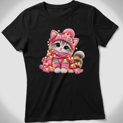 Kawaii pink winter kitten t-shirt with text Stay Cozy above the cat — printed on a women's shirt