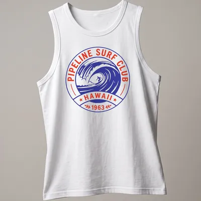 Vintage badge style surf club t-shirt featuring a surfing wave — printed on a tank top