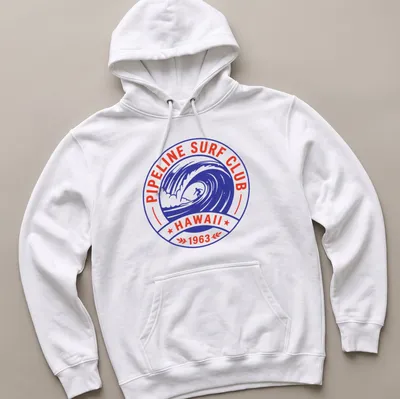 Vintage badge style surf club t-shirt featuring a surfing wave — printed on a unisex hoodie