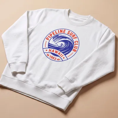 Vintage badge style surf club t-shirt featuring a surfing wave — printed on a unisex sweatshirt