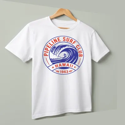 Vintage badge style surf club t-shirt featuring a surfing wave — printed on a unisex t-shirt (angled view)