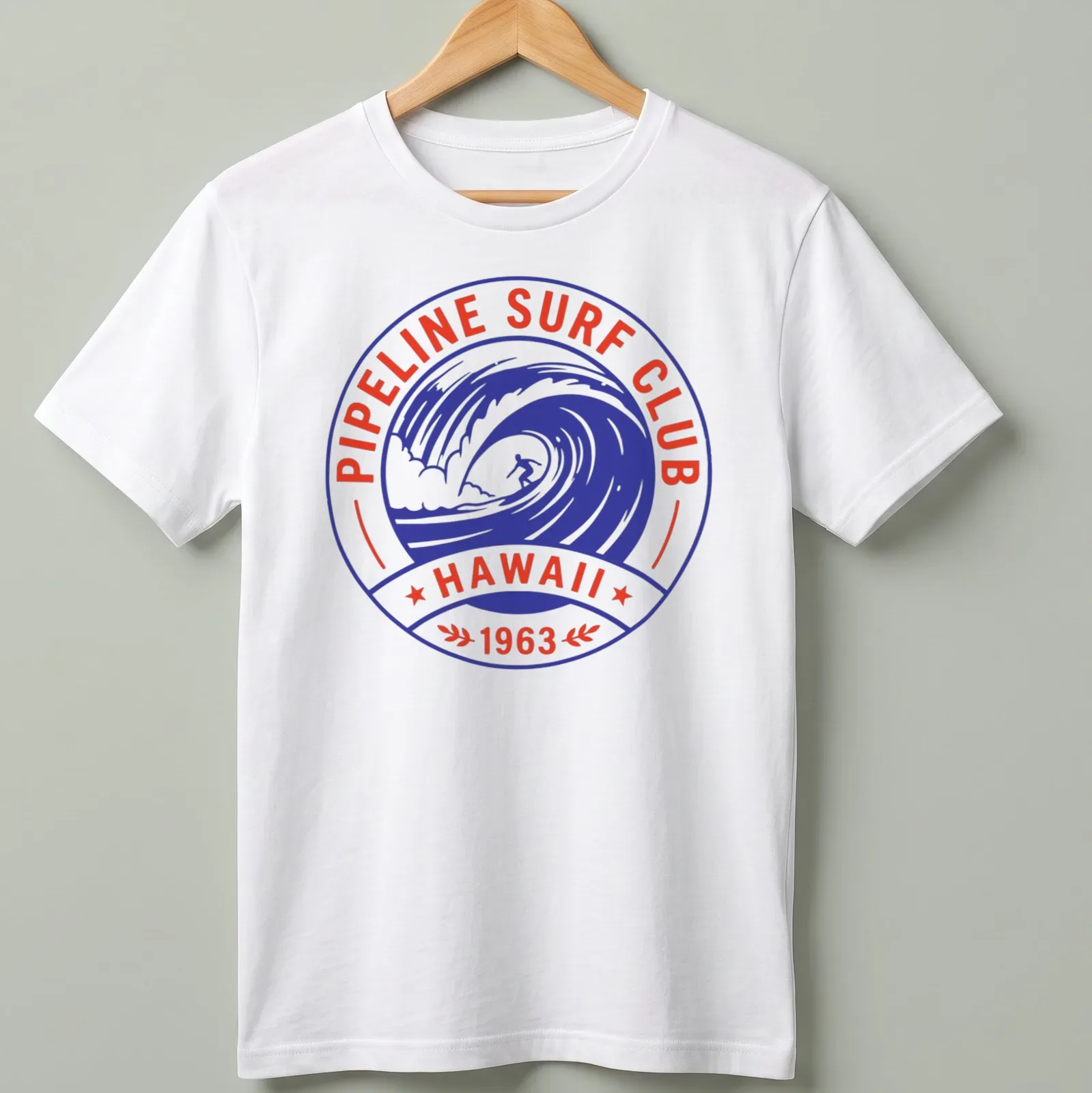 Vintage badge style surf club t-shirt featuring a surfing wave — printed on a unisex t-shirt