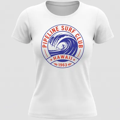 Vintage badge style surf club t-shirt featuring a surfing wave — printed on a women's shirt