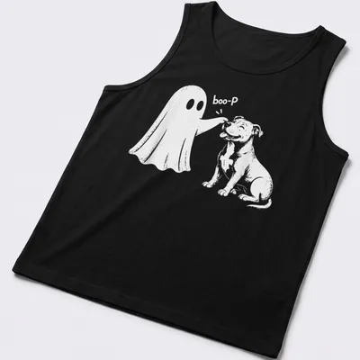Cute cartoon design of a Pit Bull with a ghost and 'boo-P' text — printed on a tank top