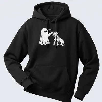 Cute cartoon design of a Pit Bull with a ghost and 'boo-P' text — printed on a unisex hoodie