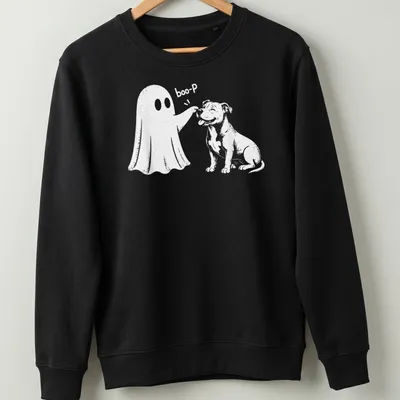 Cute cartoon design of a Pit Bull with a ghost and 'boo-P' text — printed on a unisex sweatshirt