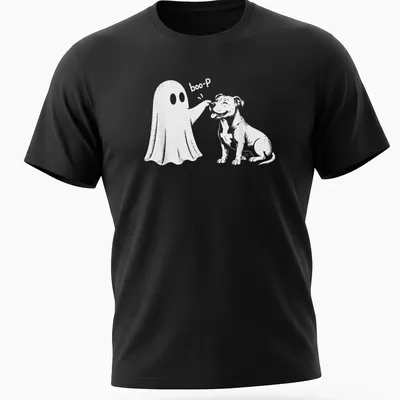 Cute cartoon design of a Pit Bull with a ghost and 'boo-P' text