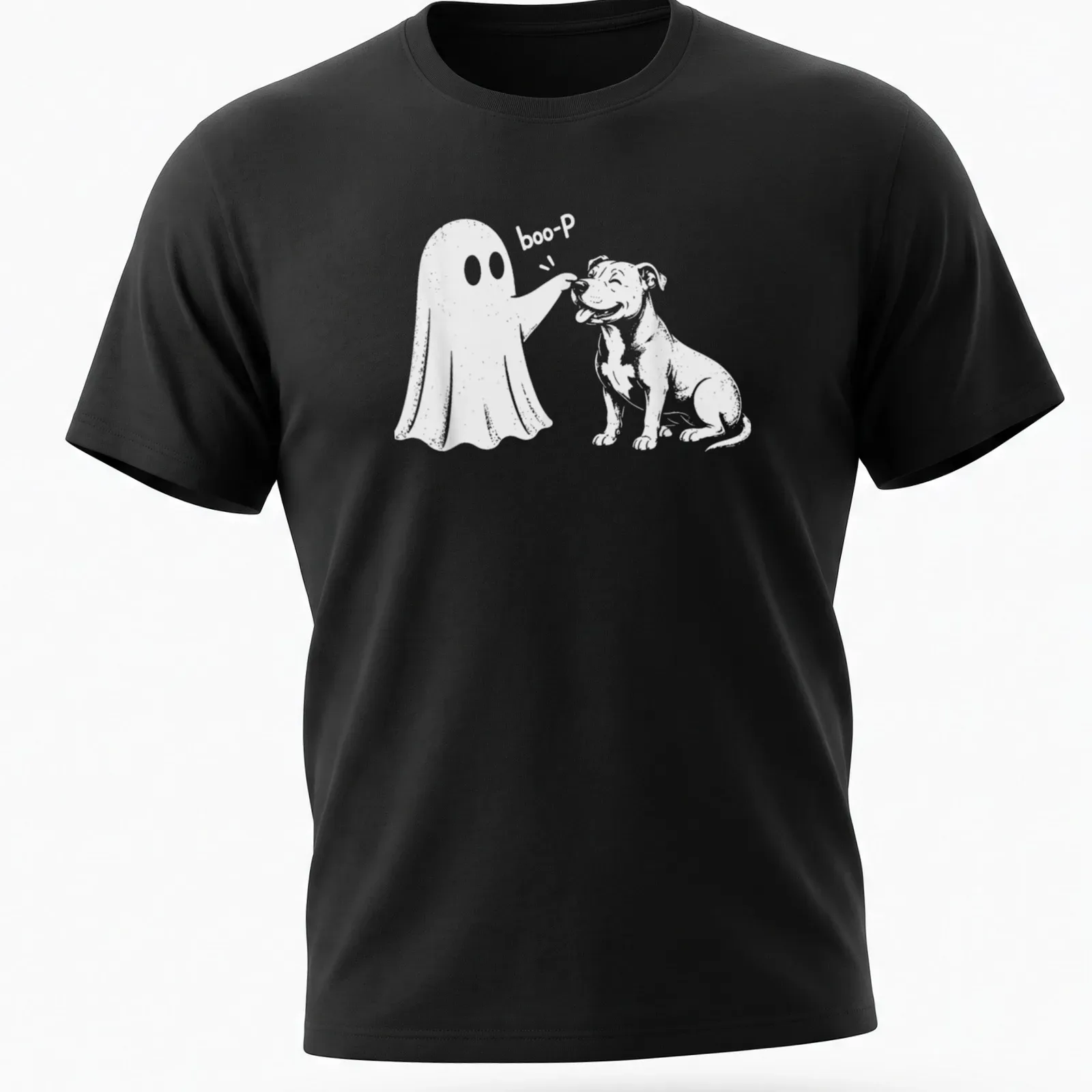Cute cartoon design of a Pit Bull with a ghost and 'boo-P' text — printed on a unisex t-shirt