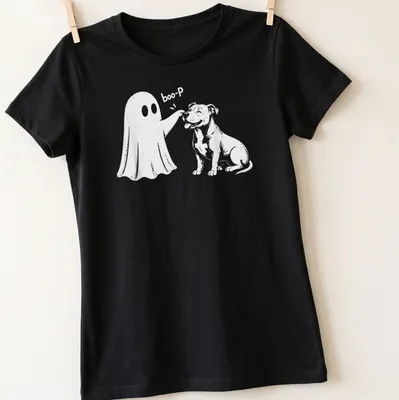 Cute cartoon design of a Pit Bull with a ghost and 'boo-P' text — printed on a women's shirt