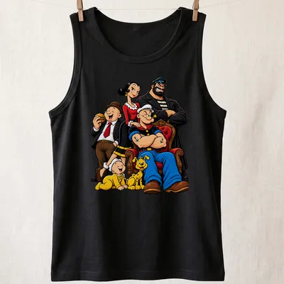 Cartoon print of Popeye and Friends in bright colors on a — printed on a tank top