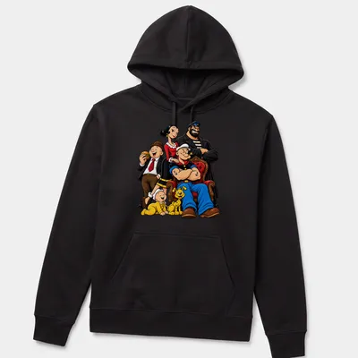 Cartoon print of Popeye and Friends in bright colors on a — printed on a unisex hoodie