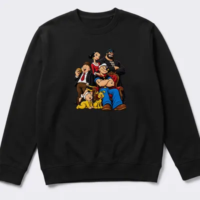 Cartoon print of Popeye and Friends in bright colors on a — printed on a unisex sweatshirt