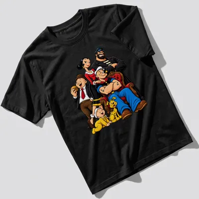 Cartoon print of Popeye and Friends in bright colors on a — printed on a unisex t-shirt