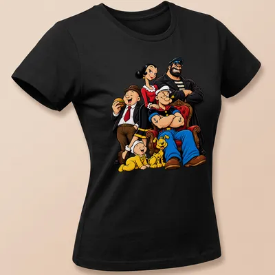 Cartoon print of Popeye and Friends in bright colors on a — printed on a women's shirt