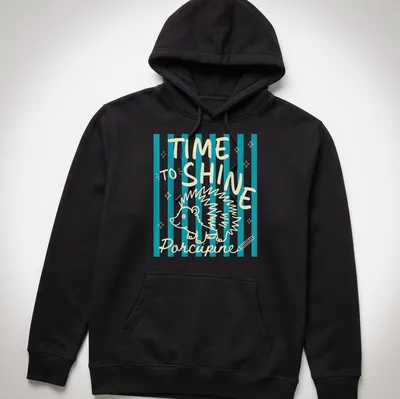 Playful line-art of a porcupine with the text 'TIME TO SHINE' in turquoise and cream — printed on a unisex hoodie
