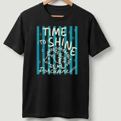 Playful line-art of a porcupine with the text 'TIME TO SHINE' in turquoise and cream