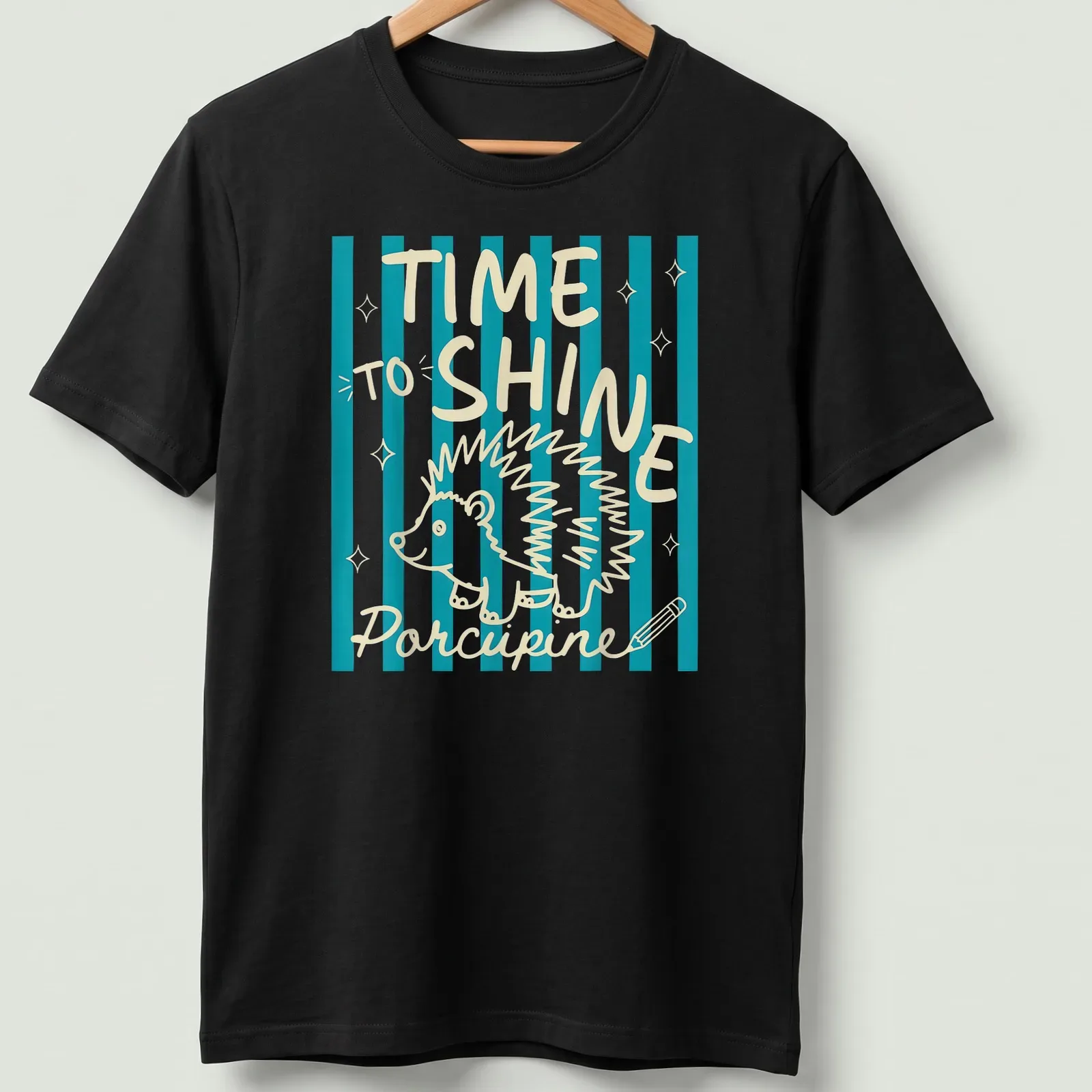 Playful line-art of a porcupine with the text 'TIME TO SHINE' in turquoise and cream — printed on a unisex t-shirt