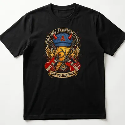 Detailed vintage graphic of a blue cap with horns and guitars alongside bold text