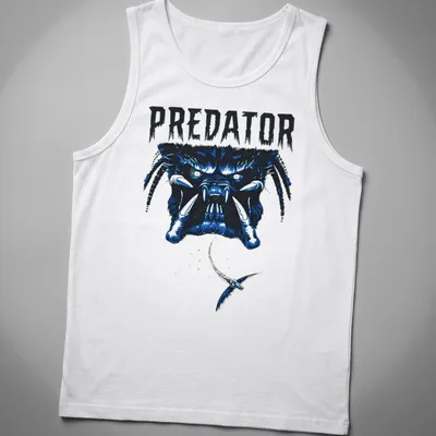 Bold graphic of the Predator face with striking blue and black colors. — printed on a tank top