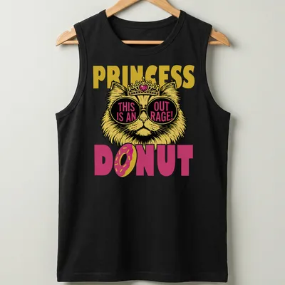 Brightly colored illustration of a cat with sunglasses and a crown, with bold text. — printed on a tank top