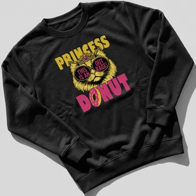 Brightly colored illustration of a cat with sunglasses and a crown, with bold text. — printed on a unisex sweatshirt