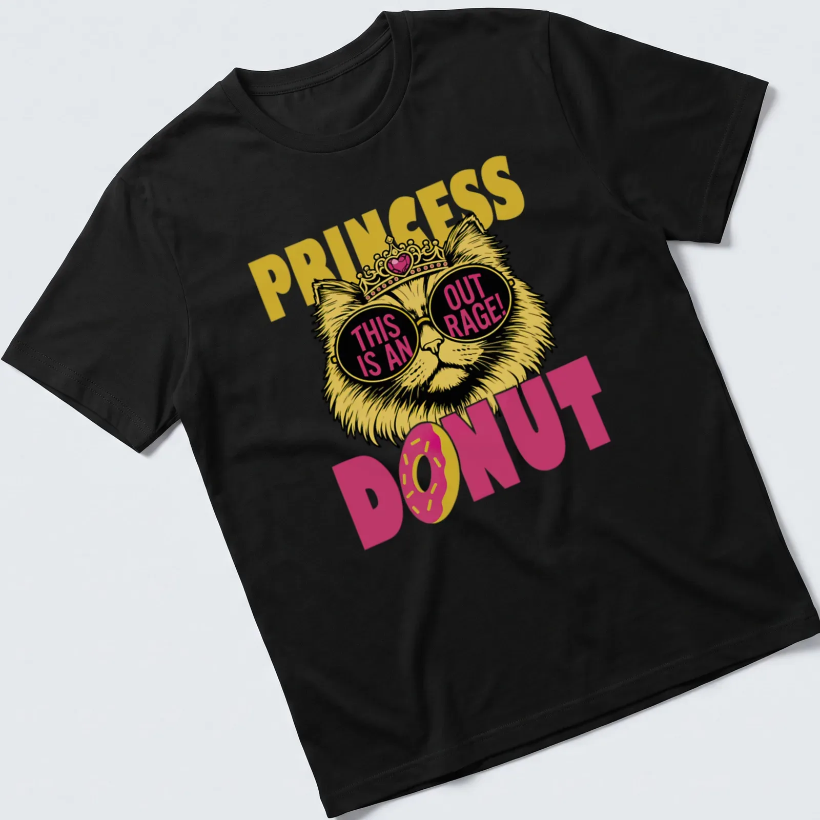 Brightly colored illustration of a cat with sunglasses and a crown, with bold text. — printed on a unisex t-shirt