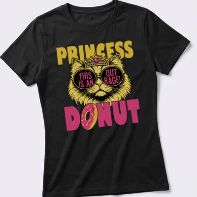 Brightly colored illustration of a cat with sunglasses and a crown, with bold text. — printed on a women's shirt
