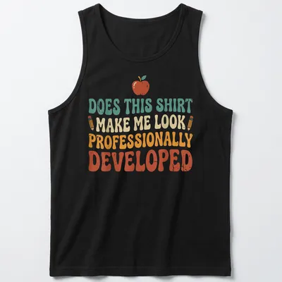 Retro playful t-shirt with an apple and pencil, humorous text about professional development — printed on a tank top