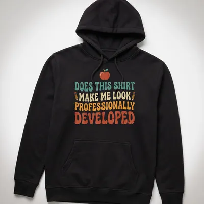 Retro playful t-shirt with an apple and pencil, humorous text about professional development — printed on a unisex hoodie