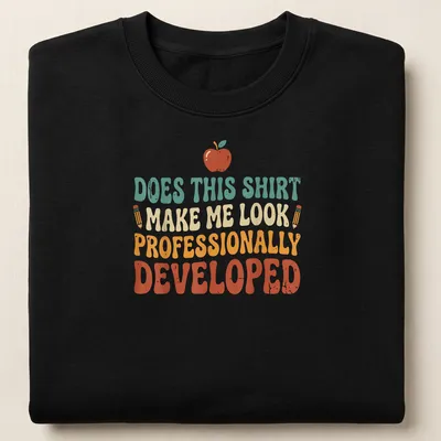 Retro playful t-shirt with an apple and pencil, humorous text about professional development — printed on a unisex sweatshirt