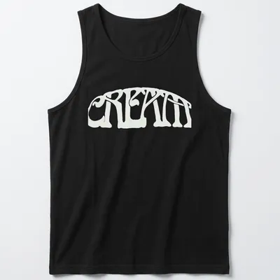 Psychedelic curved typography t-shirt with 'CRE8TIN' in white and black — printed on a tank top