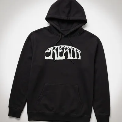 Psychedelic curved typography t-shirt with 'CRE8TIN' in white and black — printed on a unisex hoodie
