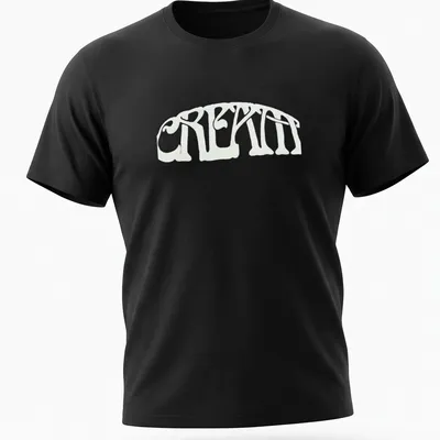 Psychedelic curved typography t-shirt with 'CRE8TIN' in white and black