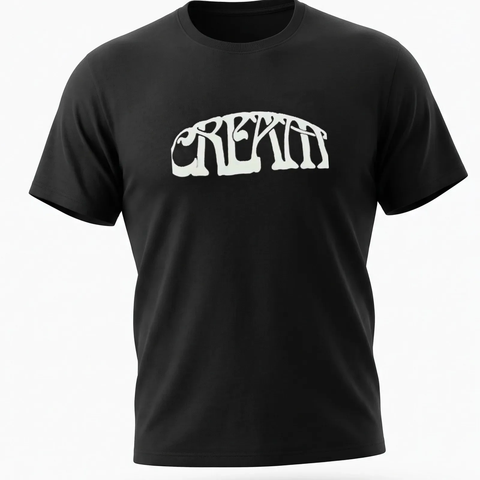 Psychedelic curved typography t-shirt with 'CRE8TIN' in white and black — printed on a unisex t-shirt