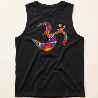 Colorful psychedelic Om symbol with smiley face design in retro hippie style — printed on a tank top