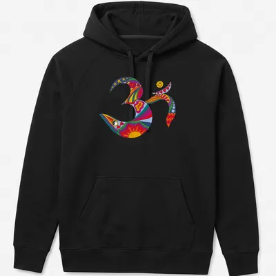 Colorful psychedelic Om symbol with smiley face design in retro hippie style — printed on a unisex hoodie
