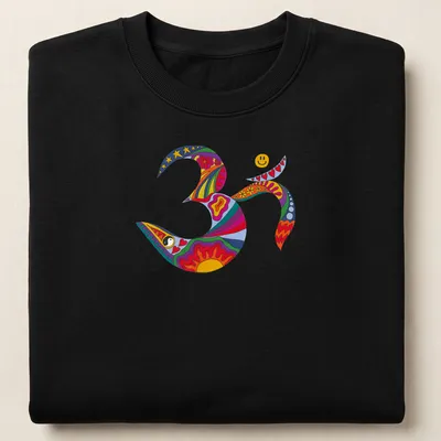 Colorful psychedelic Om symbol with smiley face design in retro hippie style — printed on a unisex sweatshirt