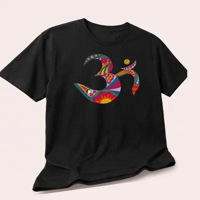 Colorful psychedelic Om symbol with smiley face design in retro hippie style — printed on a unisex t-shirt (angled view)