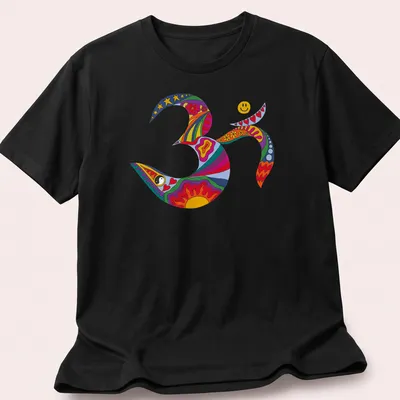 Colorful psychedelic Om symbol with smiley face design in retro hippie style