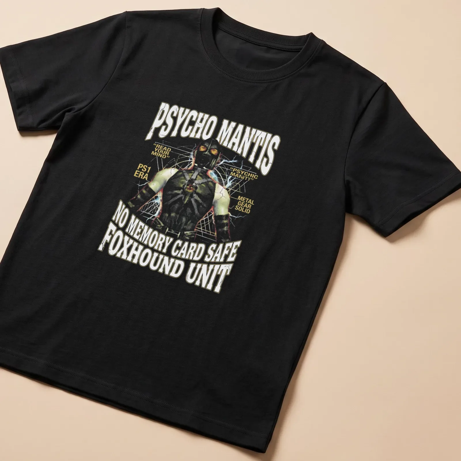 Retro distressed t-shirt featuring Psycho Mantis from Metal Gear Solid — printed on a unisex t-shirt