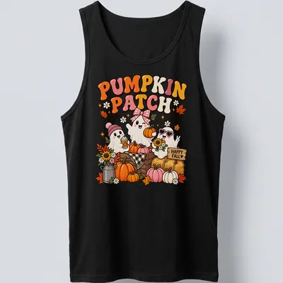 Kawaii ghosts with pumpkins and happy fall text in cartoon style — printed on a tank top