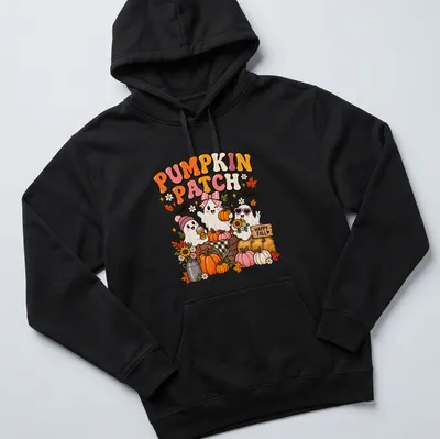 Kawaii ghosts with pumpkins and happy fall text in cartoon style — printed on a unisex hoodie
