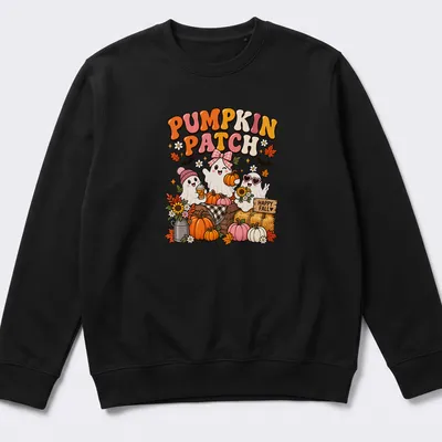 Kawaii ghosts with pumpkins and happy fall text in cartoon style — printed on a unisex sweatshirt