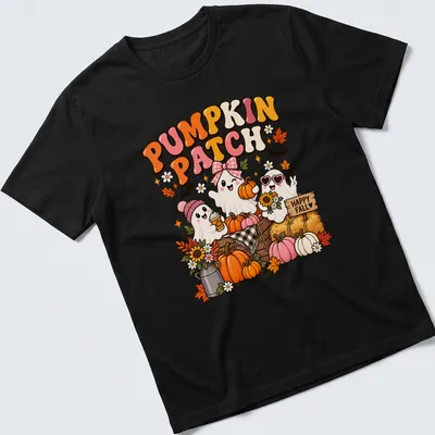 Kawaii ghosts with pumpkins and happy fall text in cartoon style