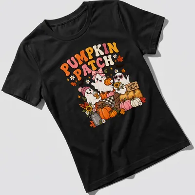 Kawaii ghosts with pumpkins and happy fall text in cartoon style — printed on a women's shirt