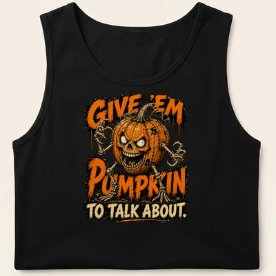 Cartoon pumpkin skeleton with humorous text for Halloween celebration — printed on a tank top