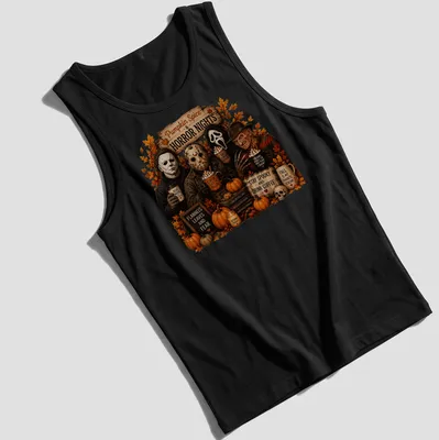 T-shirt featuring coffee-themed horror movie references in autumn colors — printed on a tank top