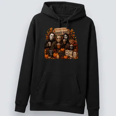 T-shirt featuring coffee-themed horror movie references in autumn colors — printed on a unisex hoodie