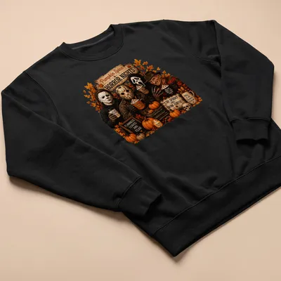 T-shirt featuring coffee-themed horror movie references in autumn colors — printed on a unisex sweatshirt